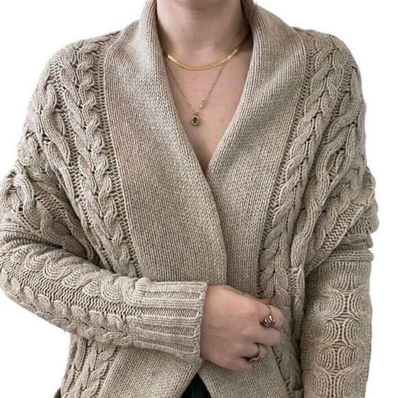 Vince Tan Beige Wool Yak Blend Cable Knit Oversized Shawl Cardigan Sz XS - Picture 3 of 6